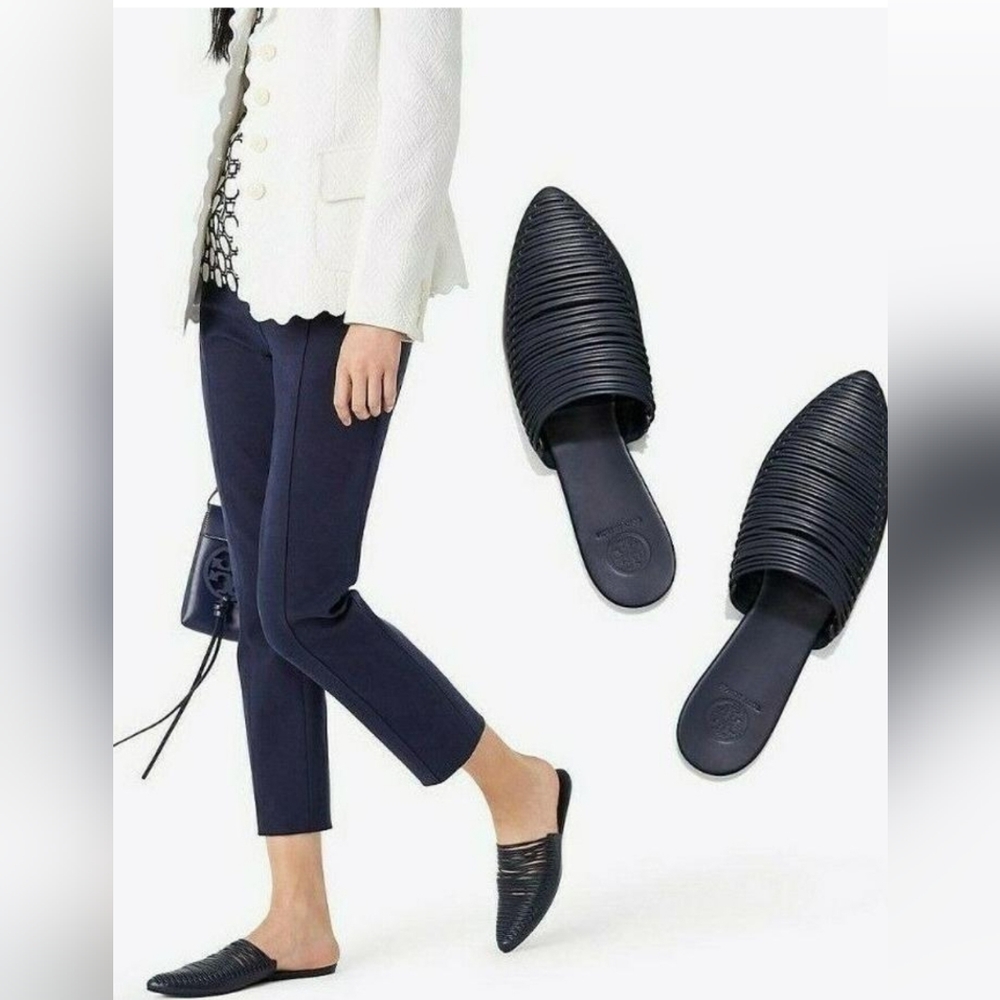 Tory Burch Blue Sienna Pointed Toe Leather Mules/Slides